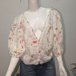 H&M Floral Puff Sleeve V-neck Blouse Linen Blend